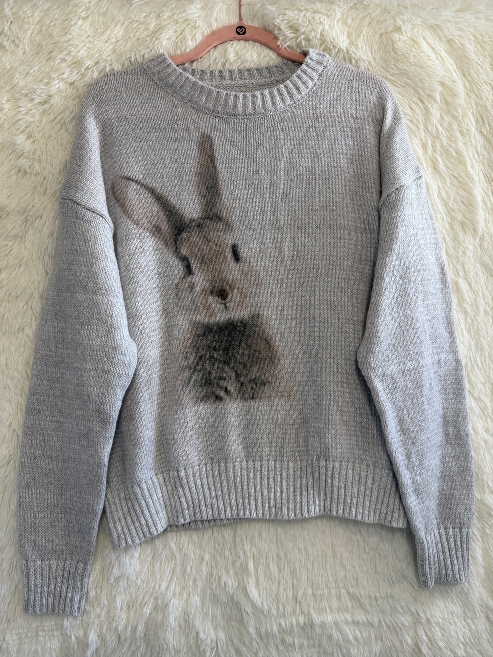 Womens Bunny Rabbit Graphic Knit Sweater Size L Grey Soft Girl Whimsical Ribbed